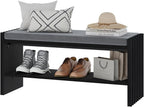 BON AUGURE 40" Entryway Shoe Bench with Storage & Cushion, Modern Fluted Shoe Rack for Mudroom, Sturdy Wooden Hallway Bench with 360 lbs Capacity, Black Oak