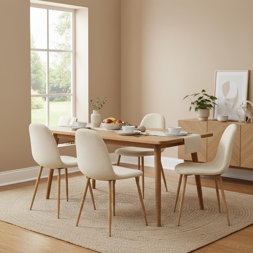 FurnitureR Modern Mid Century Leathaire Upholstered Kitchen Dining Chair, Armless Leisure Accent Chair with Black Metal Legs Space Saving for Dining Kitchen Living Room (Beige Chenille, Set of 4)
