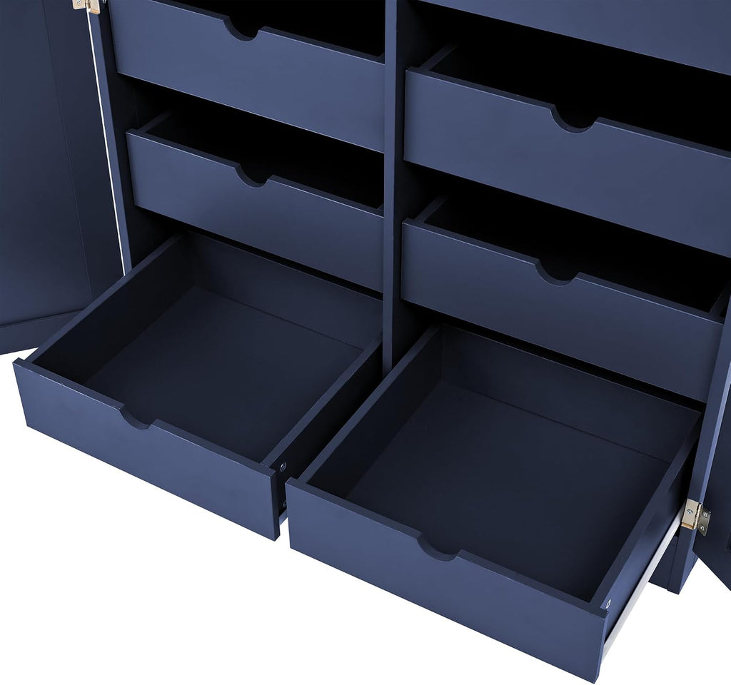 Freestanding Cabinet with 4 Doors, 2 Door Shelves, Tall Storage Cabinet with 8 Pull-Out Trays and Adjustable Shelf for Dining Room Kitchen Pantry (Blue)