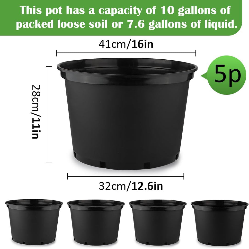 10 Gallon Plastic Nursery Pots, 16 Inch Round Plant Pots with Drainage Holes, 5 Pack Large Garden Flower Pots for Outdoor Indoor Plants, Gardening Gifts for Women, Black