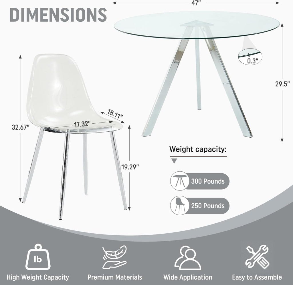 Round Dining Table Set for 6, 47" Clear Tempered Glass Table with Sliver Metal Legs and 6 Transparent Acrylic Chairs, Compact Modern Kitchen Table Set for Small Space Dining Room (Sliver)