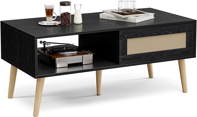 Wood Coffee Table with Storage, Boho Dining Table with Sliding Rattan Door Panel and Solid Wood Legs, Small Coffee Tables for Living Room, Oak (Black_LSJ008)