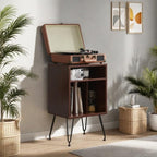 FONTOI Record Player Stand with Storage Space, Turntable Stand Record Player Cabinet with Adjustable Feet, End Table with Metal Legs for Living Room, Bedroom, Brown
