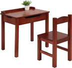 Kids Table and Chair Set, Flip Top Wood Study Desk w/Chair for Playroom, Wood Activity Table Set w/Storage Space for Arts, Crafts (Dark Coffee)