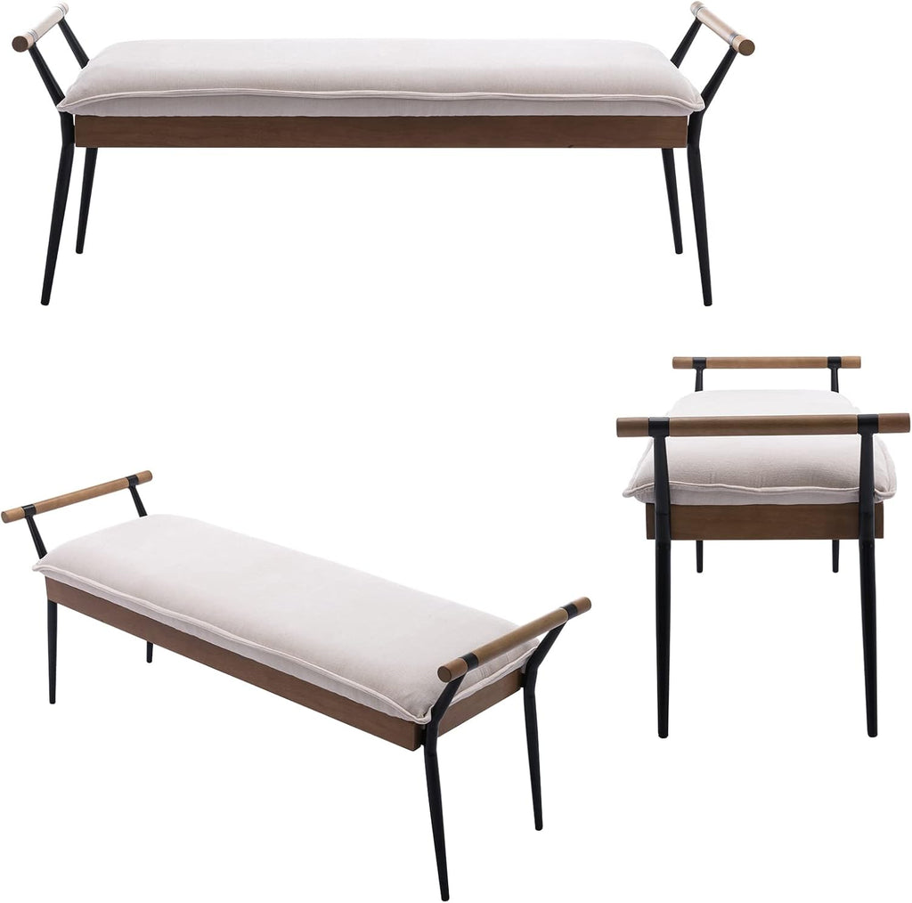 DUOMAY Modern Rectangle Ottoman Bench with Arms and Metal Legs, Mid Century Chenille Fabric Dining Table Bench Footstool Entryway Shoe Bench for Dining Room Bedroom Living Room, White