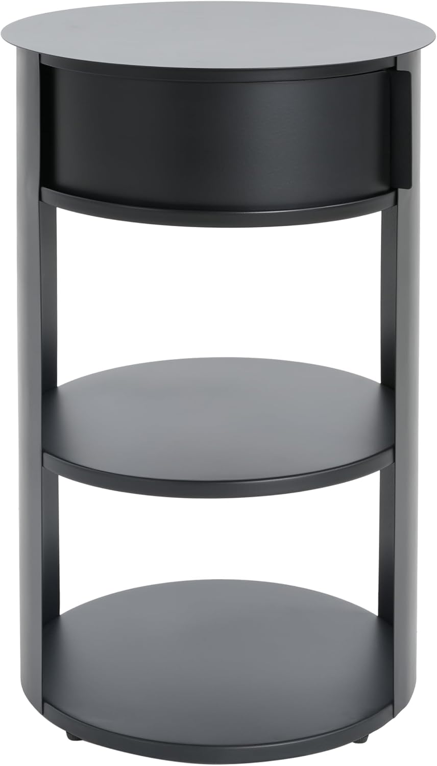 GDFStudio 3-Tier Modern Round Side Table with Sliding Door Storage, Pre-Assembled Matte Black Metal End Table for Living Room or Office – Space-Saving Cylindrical Design with Open Shelves