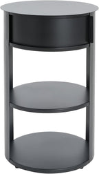 GDFStudio 3-Tier Modern Round Side Table with Sliding Door Storage, Pre-Assembled Matte Black Metal End Table for Living Room or Office – Space-Saving Cylindrical Design with Open Shelves