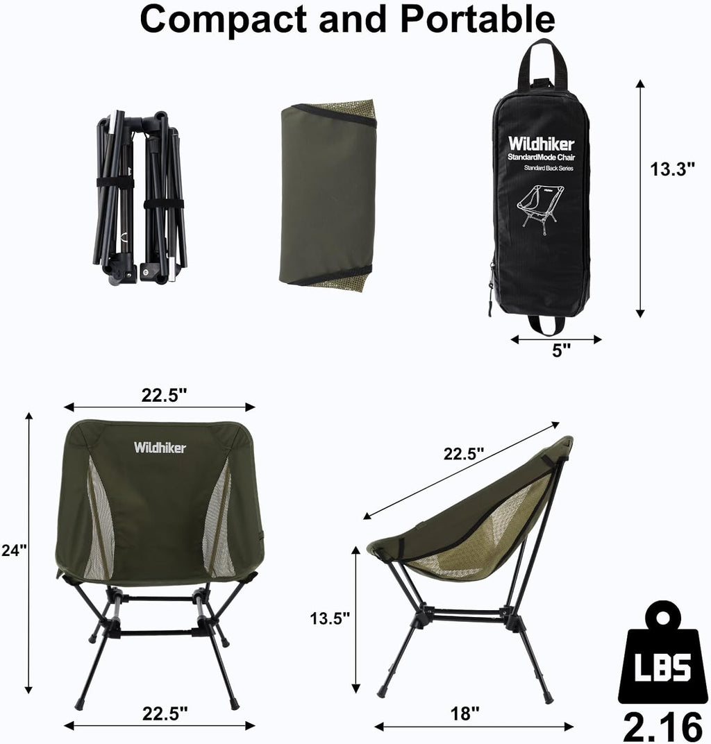 Wildhiker Lightweight Camping Chair – Folding Portable Chair for Adults, 2.16 lbs with Square Base and Carry Bag for Travel, Fishing, Motorcycle, Festival– Green