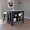 Kitchen Island Dozza with Three Shelves Black and Ibiza Marble Finish | Three storage shelves with varying dimensions for organized kitchen storage