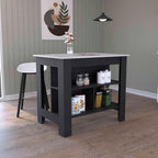 Kitchen Island Dozza with Three Shelves Black and Ibiza Marble Finish | Three storage shelves with varying dimensions for organized kitchen storage