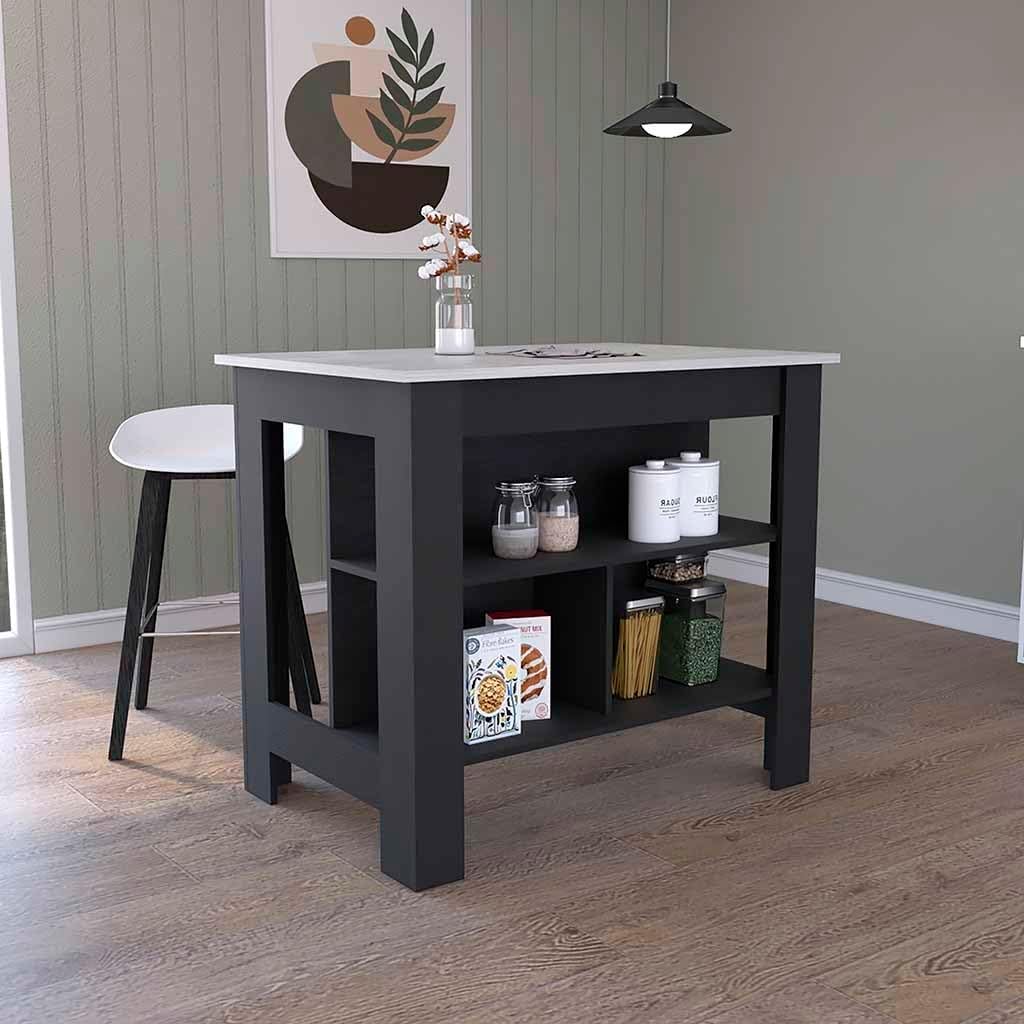 Kitchen Island Dozza with Three Shelves Black and Ibiza Marble Finish | Three storage shelves with varying dimensions for organized kitchen storage