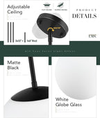 LMS 10 Inch Globe Pendant Lights, Matte Black Mid Century Kitchen Island Light Fixtures with White Globe Glass Shade, Adjustable Hanging Rod, Bar Kitchen Bedroom, LMS-186PL-BKW-10