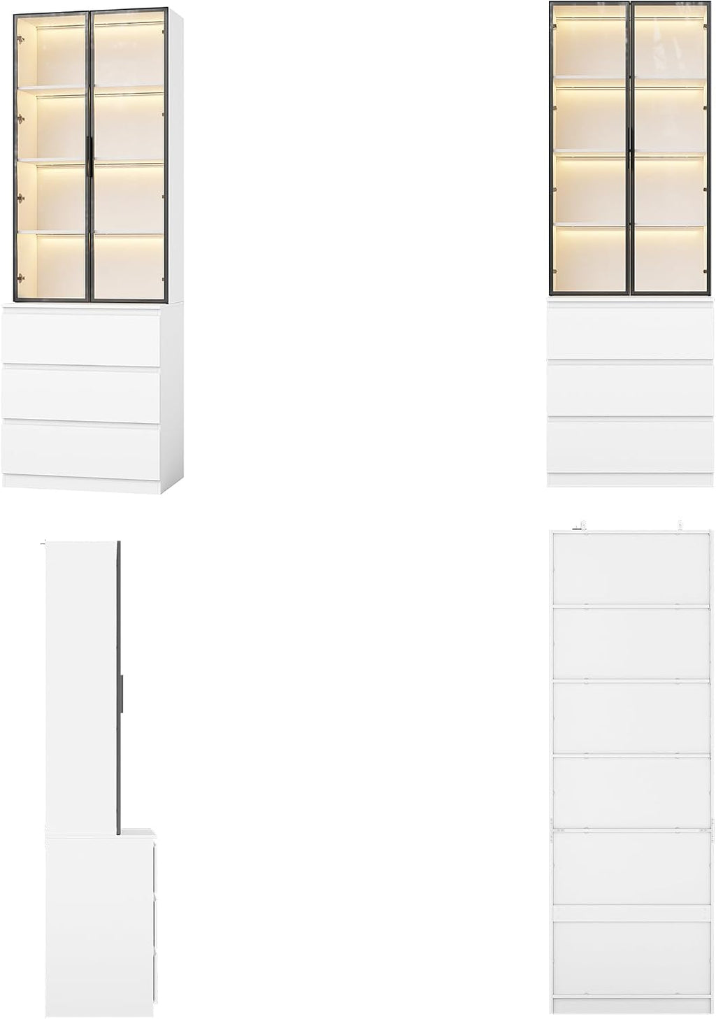 Homsee 92.5" H Lighted Kitchen Pantry Cabinet with 3 Drawers & Glass Doors, Kitchen Cupboard w/3-Color LED Lights & 4-Tier Display Shelves, Modern Storage Cabinet w/Countertop, 31.5" W Cream White