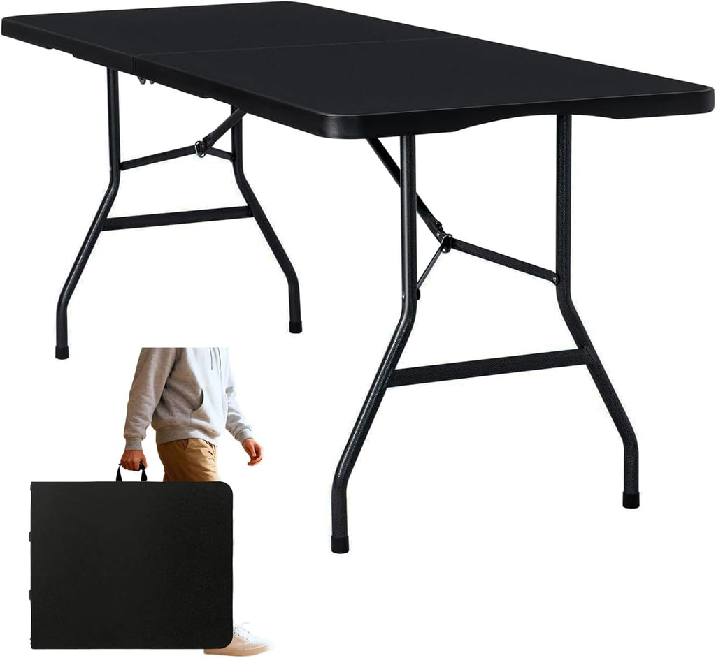 Folding Table 6ft Foldable Table with Built in Handle & Steel Legs / 6FT Heavy Duty Folding Portable,Perfect for Party, Dining Indoor/Outdoor Events, Tailgating & Backyard BBQ, Black