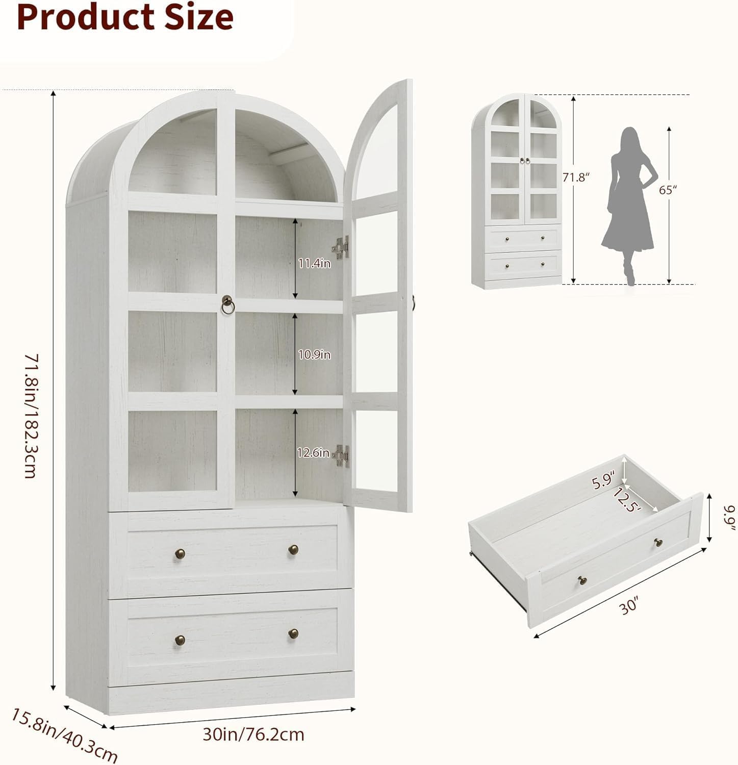 72" Tall Arched Kitchen Pantry Cabinet,Wood Arched Bookshelf with 2 Doors, 2 Drawers, Adjustable Shelves,Versatile Sideboard Buffet for Dining & Living Room,White