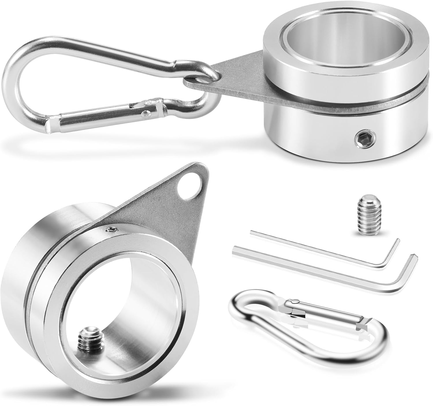 Flag Pole Rings, 1" Spinning Flagpole Ring Clips, 2 Pcs Aluminum Alloy & Steel 360° Rotating Anti Wrap Flag Mounting Rings with Snap Carabiners for 0.75-1.02 Inch Diamete Flagpole (Φ1, Silver)