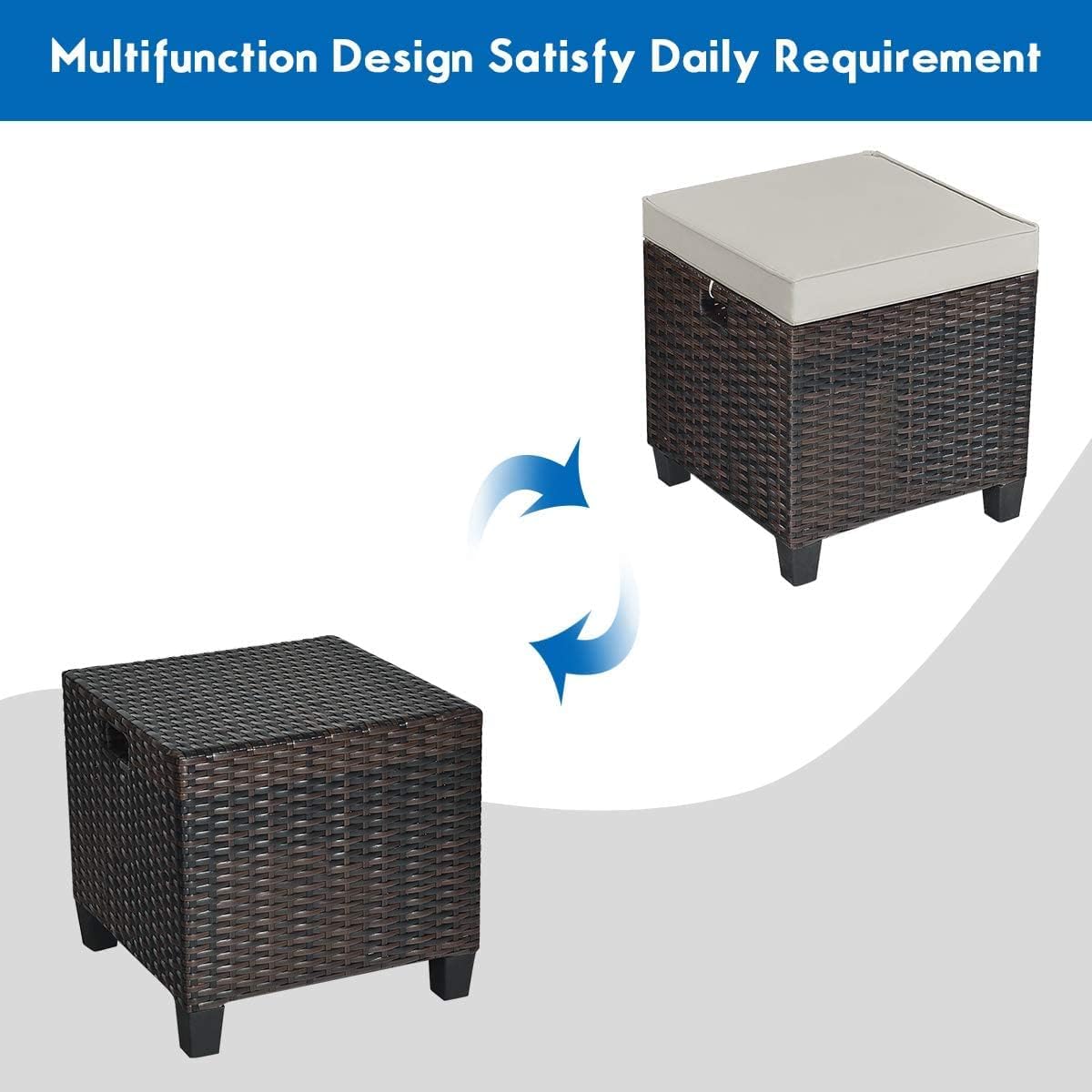 DORTALA Outdoor Ottoman Wicker 2 Piece, Patio Ottomans PE Rattan Foot Rest with Cushion for Couch, Chair, Brown