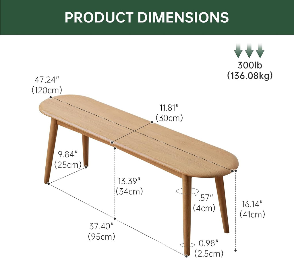 47'' 100% Solid Oak Wood Dining Bench,Rounded Corner Baguette Shape Chair Surface Design,Entryway Bedroom Bed End Bench (47.3inch, Natural Oak)