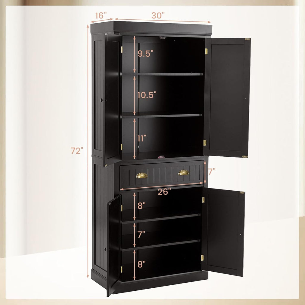 72" Kitchen Pantry Cabinet, Kitchen Cupboard with 2 Double-Doors Cabinet, Large Drawer, 4 Adjustable Shelves, Traditional Tall Storage Cabinets for Dining Room, Bathroom, Brown