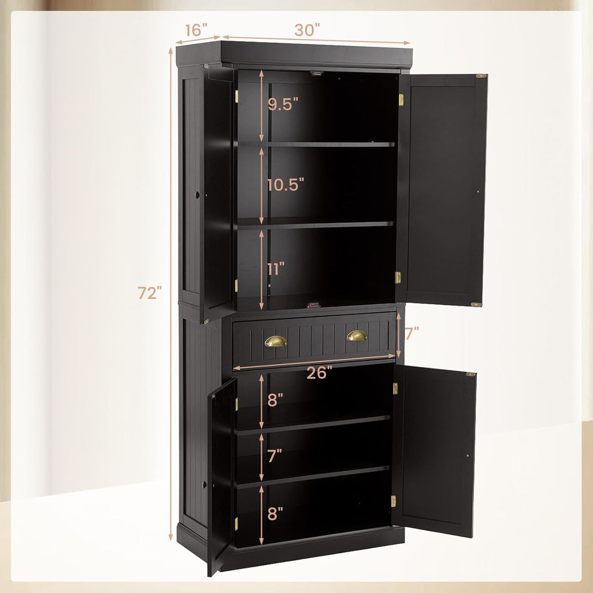 72" Kitchen Pantry Cabinet, Kitchen Cupboard with 2 Double-Doors Cabinet, Large Drawer, 4 Adjustable Shelves, Traditional Tall Storage Cabinets for Dining Room, Bathroom, Brown