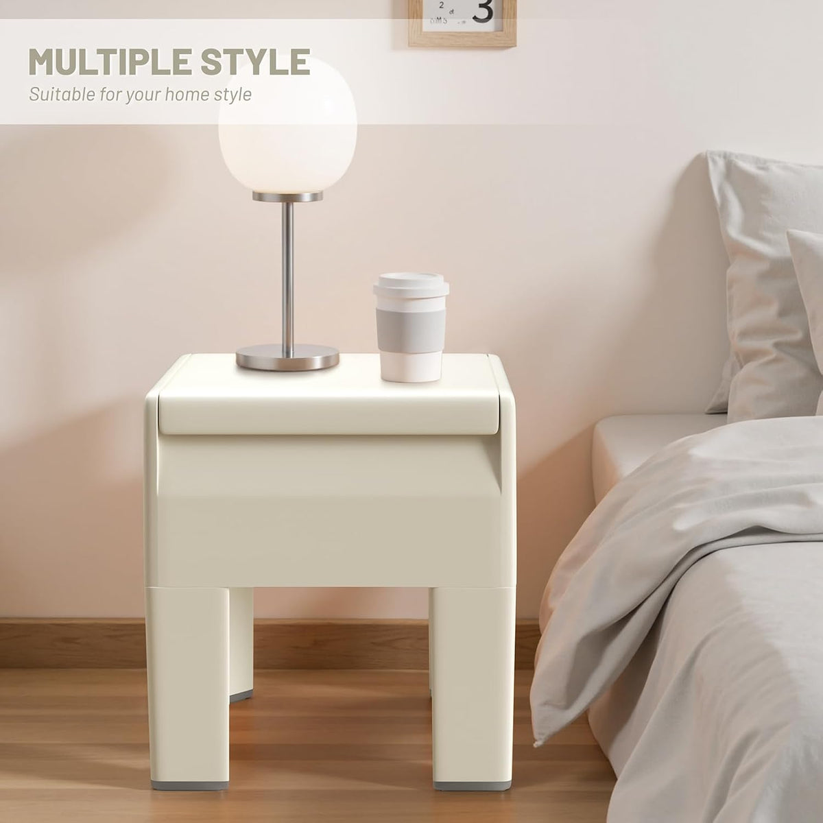 Modern Nightstand - Multifunctional Plastic Bedside Table with Storage Space, Side Table Easy Assembly for Bedroom, Dorm and Small Areas (14.2" D x 11.8" W x 15.78" H, Beige White)