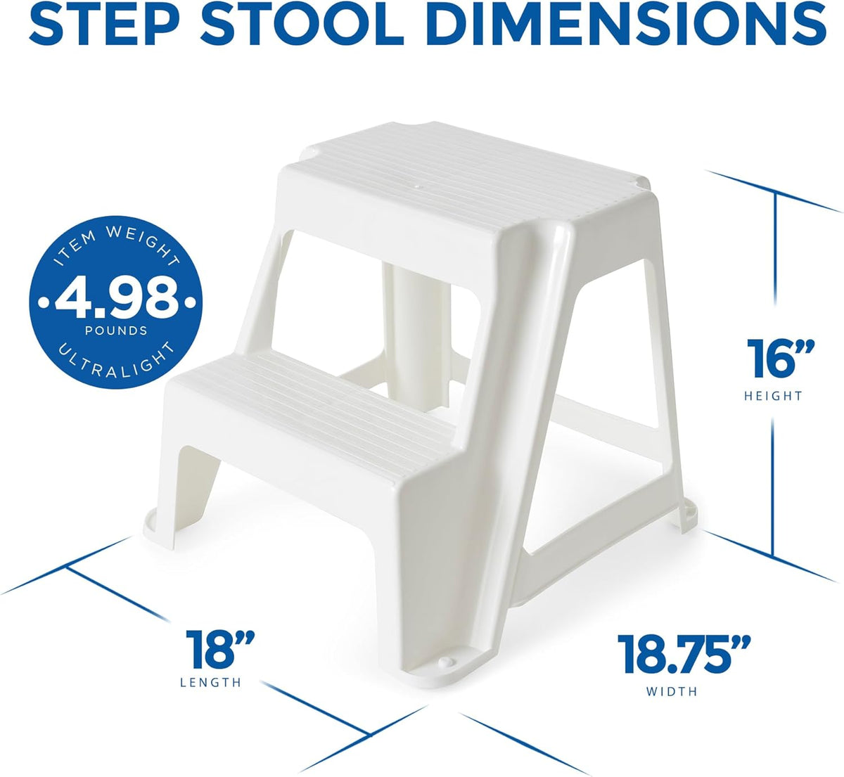 Gracious Living 2-Step Plastic Stool, 300 Lb Capacity, White | Portable Step Stool for Dorm, Home, Classroom & Office, 18"L x 18.75"W x 16"H