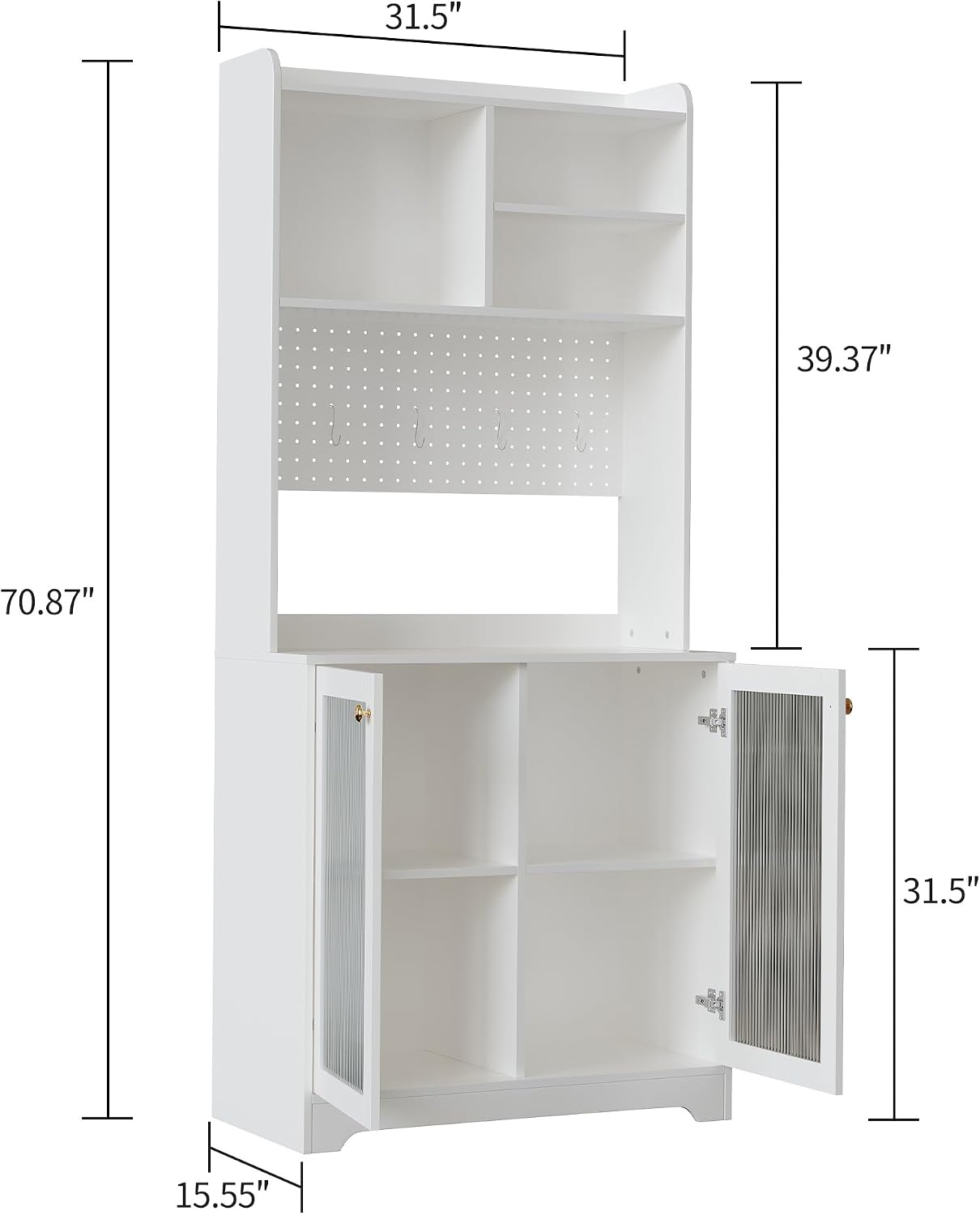 Kitchen Pantry Cabinet,71-Inch Freestanding Storage Cupboard with 7 Compartments, DIY Pegboard, 2 Glass Doors & Adjustable Shelves – Versatile Storage for Kitchen, Dining Room, Hallway(White)