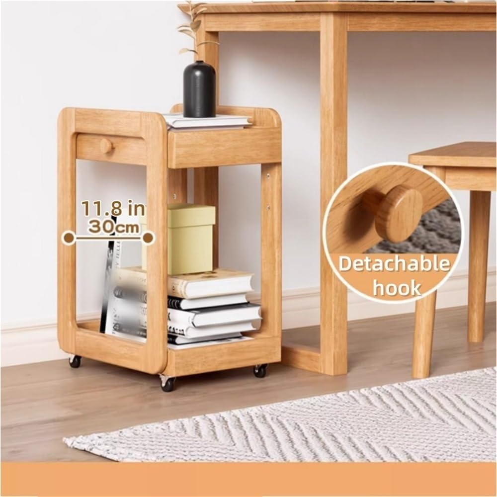 Side Table with 2 Tier Storage Shelf and Wheels Wood End Table Nightstand Bedside Tables Bookshelf for Home Solid Construction(White)