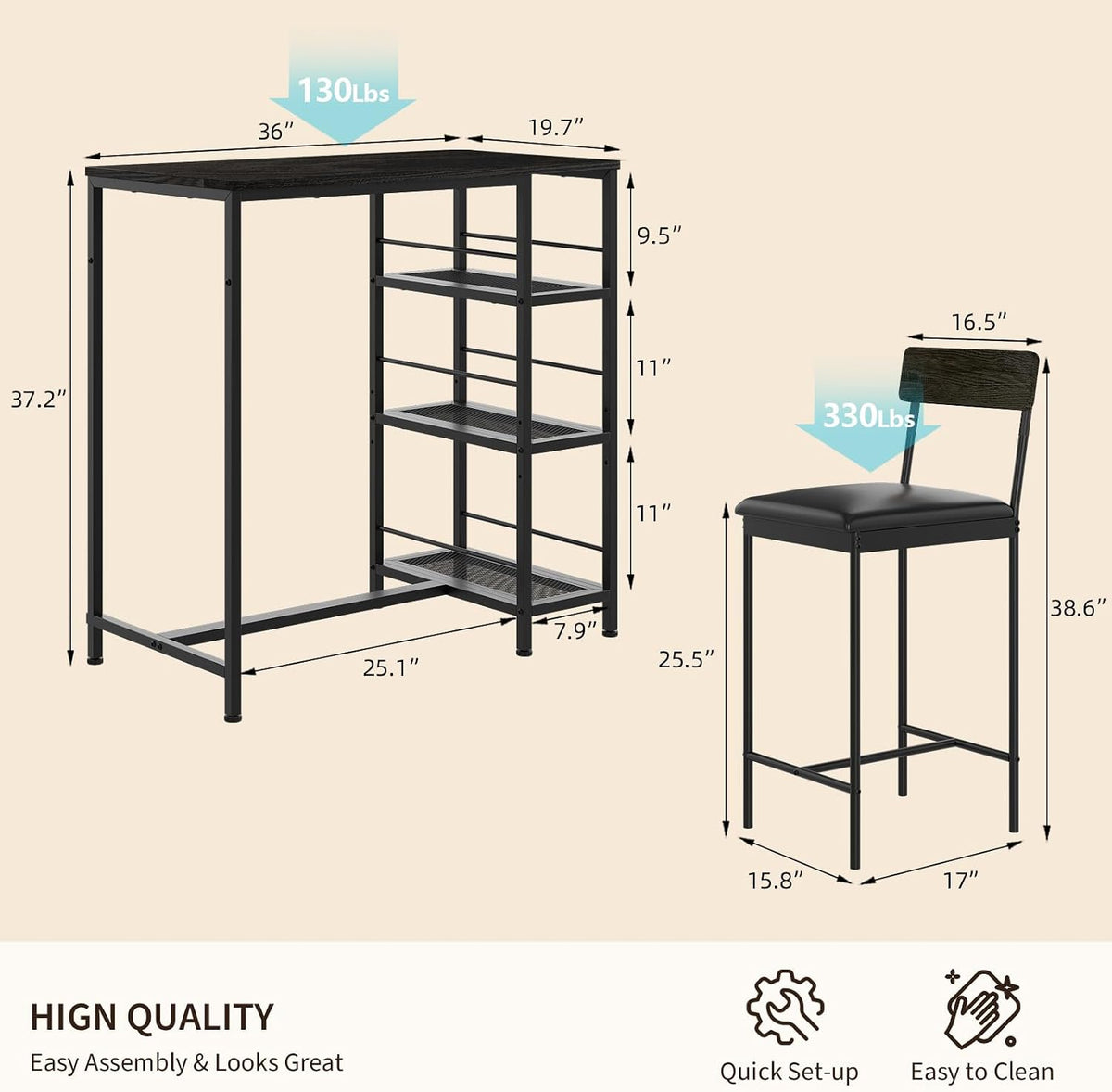 3-Piece Bar Table Set with 2 Bar Stools, Built-in Wine Rack and 3-Tier Storage Shelf, Industrial Metal Frame, Space-Saving Ideal for Small Kitchens, Apartments, and Breakfast Nooks