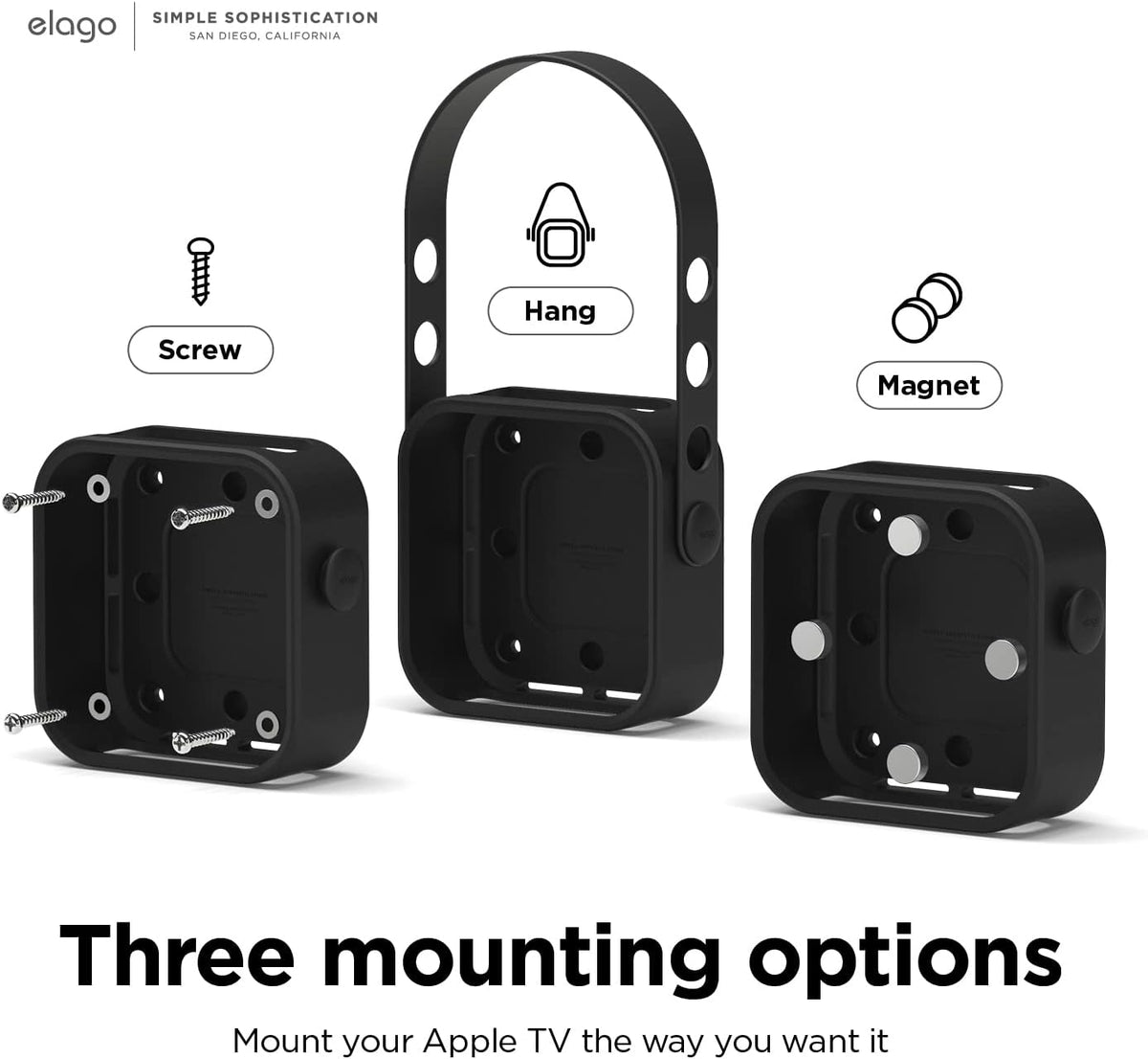 elago Apple TV Mount for Apple TV 4K 3rd Generation | 3 Mount Options (Magnet, Hang, Screw), Fit Size, Prevents overheating