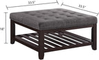 24KF Large Square Upholstered Tufted Linen Ottoman Coffee Table, Large Footrest Ottoman with Solid Wood Shelf-Dark Gray