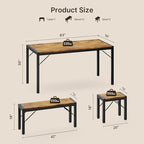 Gizoon 63" Dining Room Table Set for 6, Kitchen Table with 2 Benches and 2 Stools, Dining Table Set with Metal Frame, Space-Saving Kitchen Table Set for Apartment, Retro