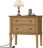 IKENO Solid Wood Nightstand with Charging Station, Wooden End Table with 2 Solid Wood Drawers, Farmhouse Style Side Table, Suitable for Bedroom, Teak