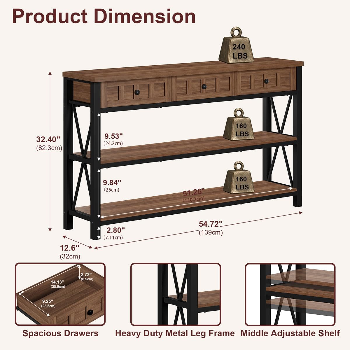FATORRI Console Table for Entryway, Farmhouse Sofa Table with 3 Drawers for Living Room, Wood and Metal Hallway Tables with Storage and Couch Tables Behind Sofa (54.72 Inch Long, Medium Walnut)