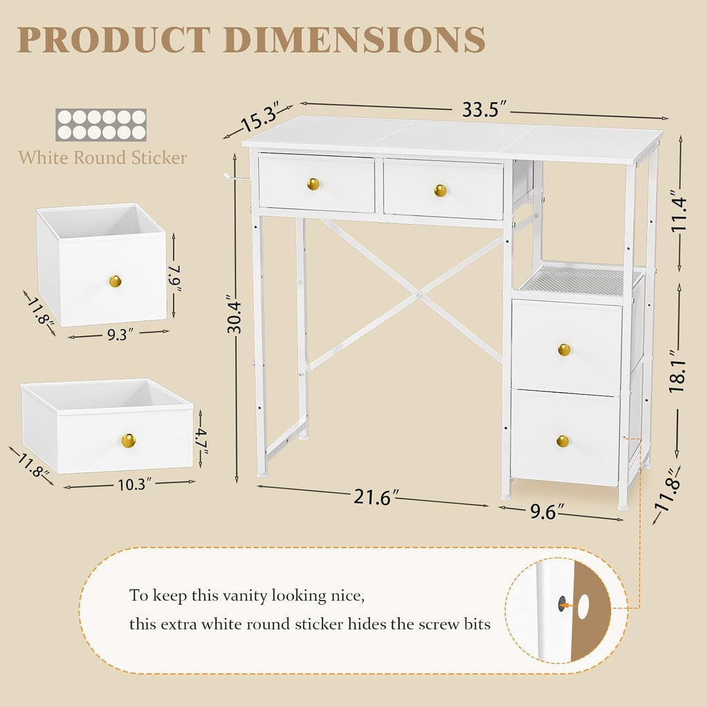 3IngSeagulls White Vanity Desk Without Mirror, Small Makeup Desk with 4 Fabric Drawers, 33.5 Inches Dressing Table with Storage, Vanity Table for Bedroom with Hook, White