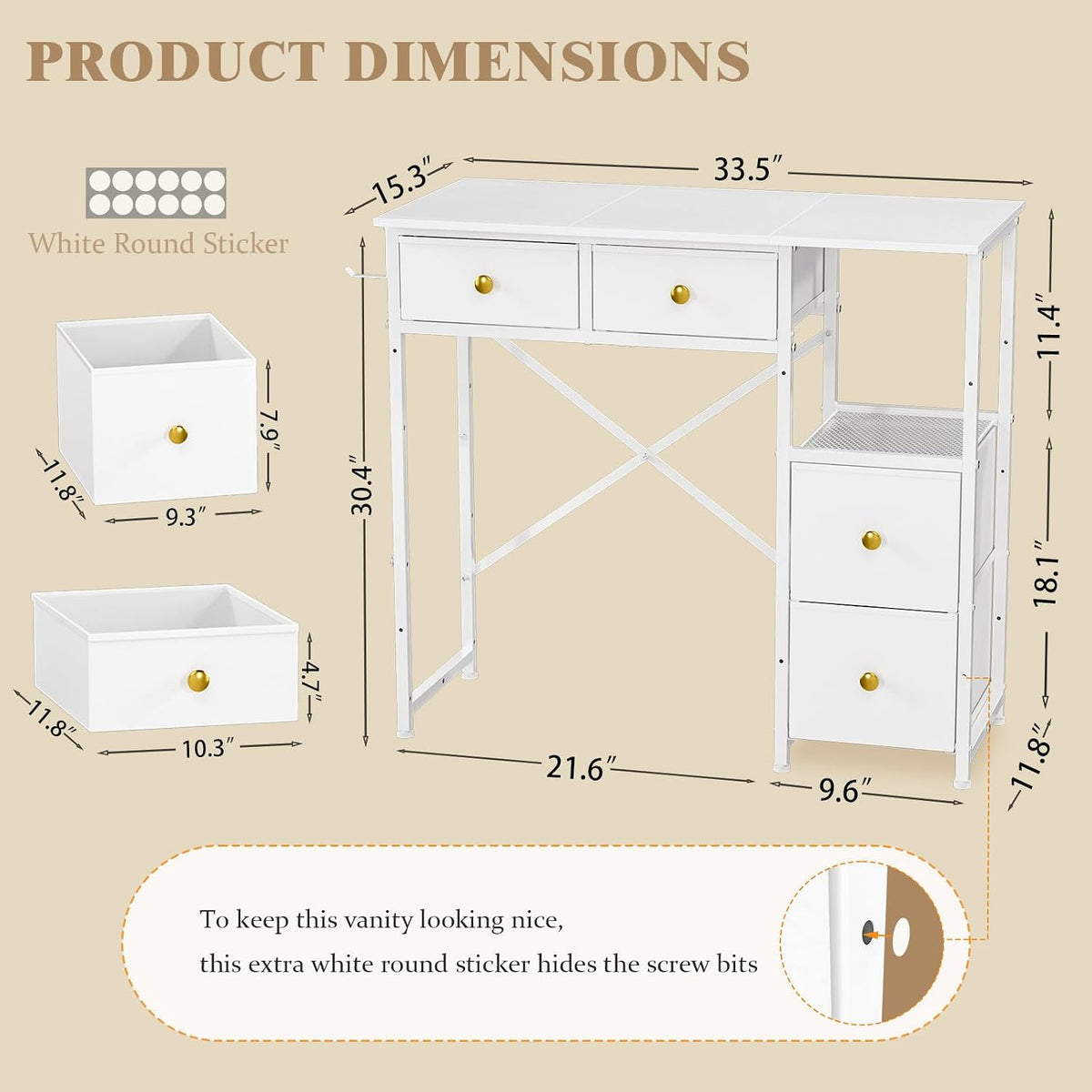 3IngSeagulls White Vanity Desk Without Mirror, Small Makeup Desk with 4 Fabric Drawers, 33.5 Inches Dressing Table with Storage, Vanity Table for Bedroom with Hook, White