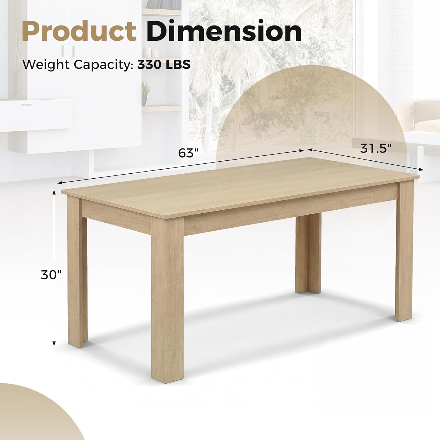 COSTWAY 63”Rectangular Dining Table for 4-6 People,Farmhouse Dinette with Large Computer Workstation, Modern Counter Height Kitchen Table for Small Place, Apartment Living Room Restaurant (Light Oak)