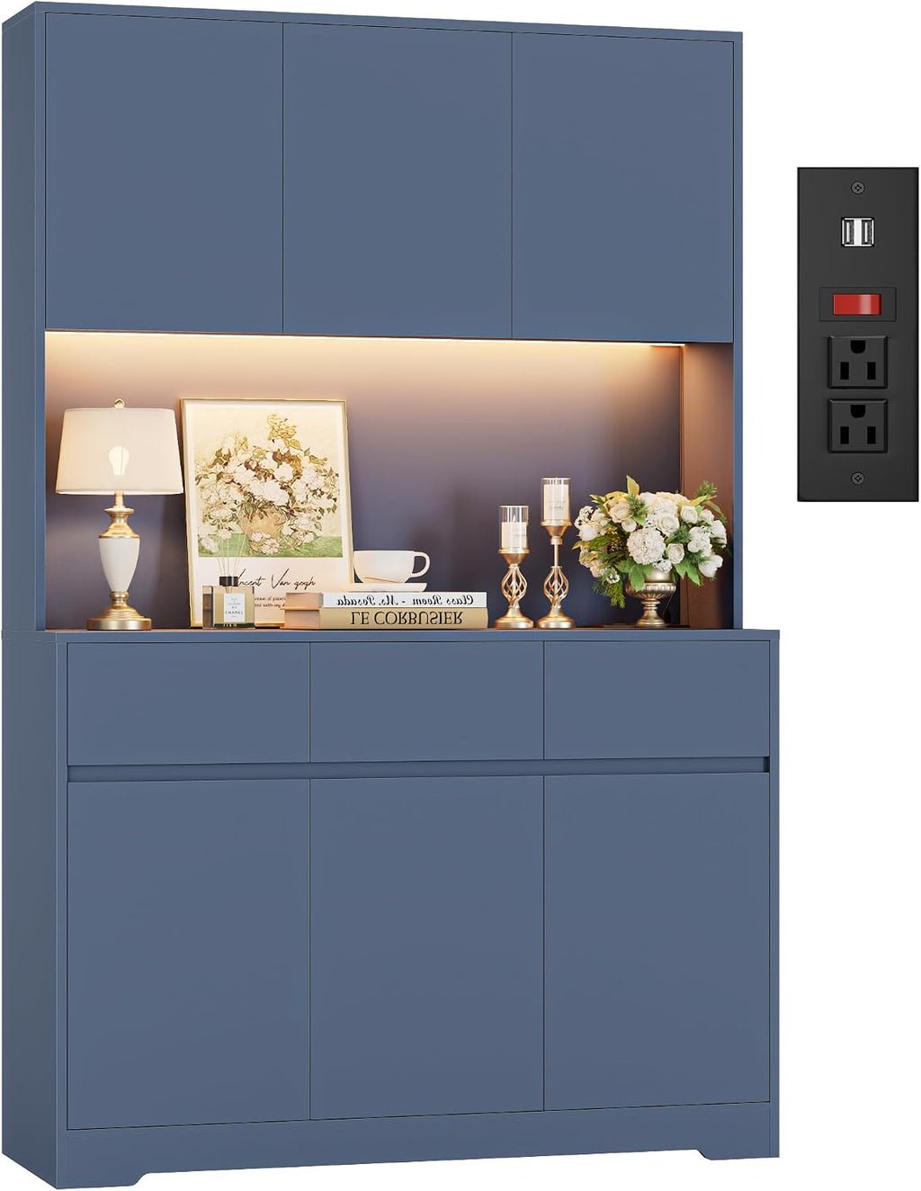 FINETONES 71" Pantry Cabinet with Power Outlets and Led Lights | Large Kitchen Hutch Storage with Microwave Stand, Tall Pantry Kitchen Cabinet with Cupboard, Blue