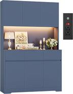 FINETONES 71" Pantry Cabinet with Power Outlets and Led Lights | Large Kitchen Hutch Storage with Microwave Stand, Tall Pantry Kitchen Cabinet with Cupboard, Blue