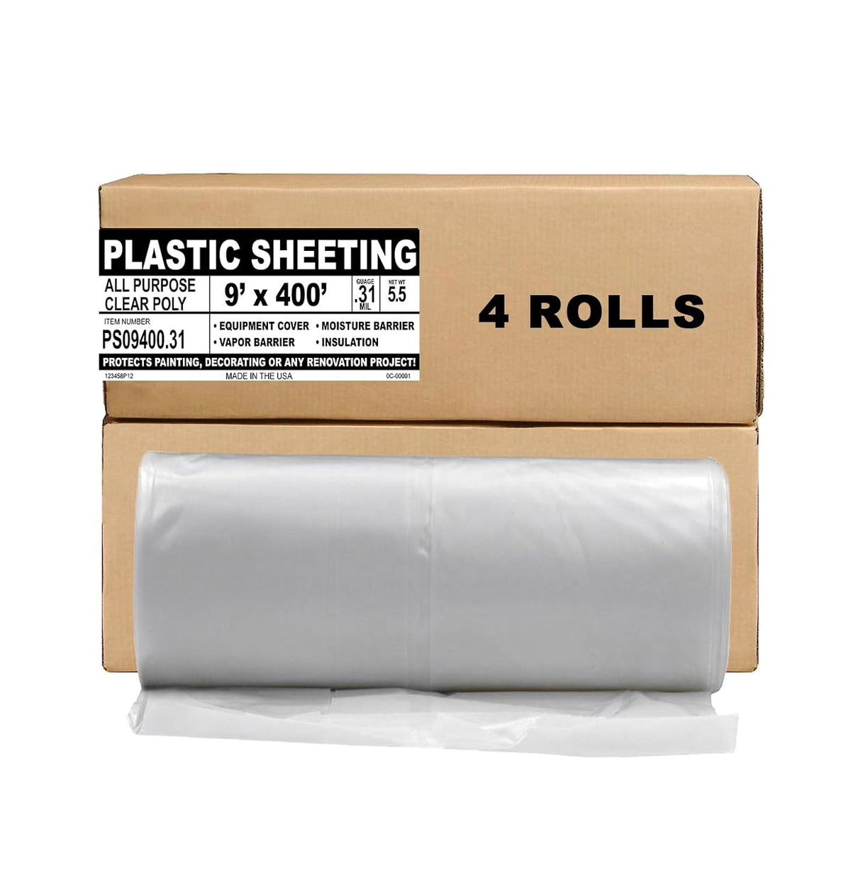 Aluf Plastics 7.8 Micron Clear All Purpose Vapor and Moisture Barrier Sheet Tarp/Drop Cloth - 4 Rolls of 9' x 400' - for Painting, Furniture, Carpet, Contractor, & Construction