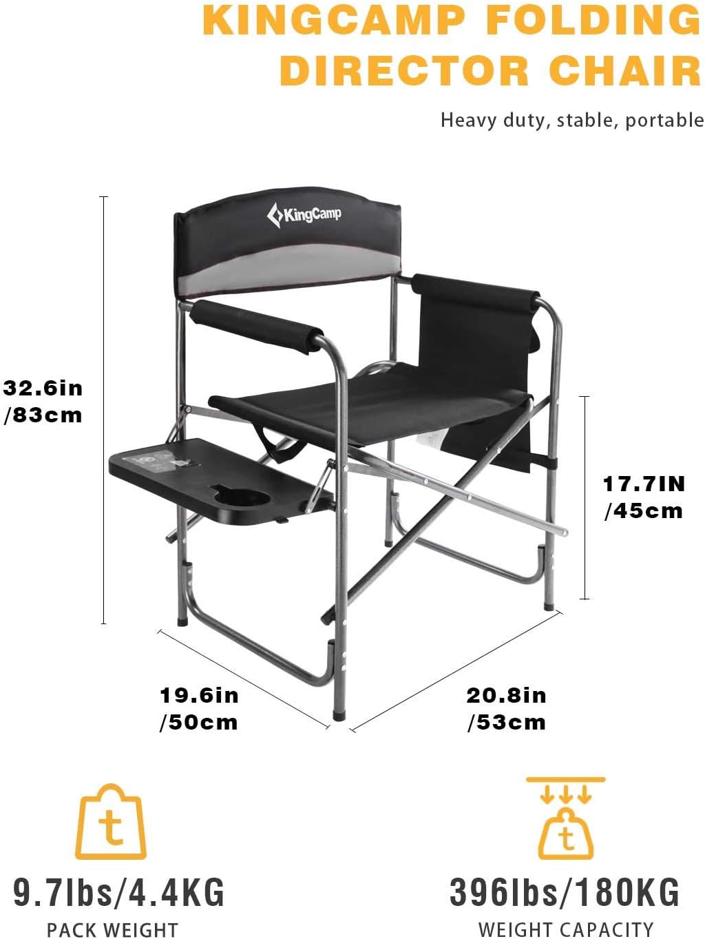 KingCamp Folding Camping Chair, Heavy Duty Portable Directors Style with Side Table Carry Handle Storage Pockets for Outdoor Tailgating Sports Backpacking Fishing, Black