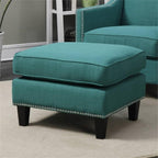BOWERY HILL Solid Wood Frame Ottoman, Teal Fabric Upholstery, Nail Head Trim, 18" H x 26" W x 21" D, Compact Design, Lightweight, Modern Living Room Accent Piece, Supports Up to 500 lbs