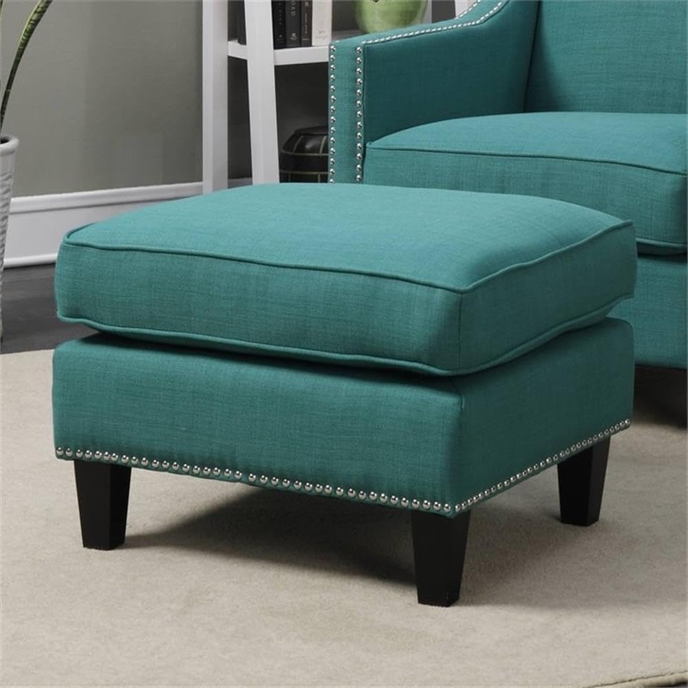 BOWERY HILL Solid Wood Frame Ottoman, Teal Fabric Upholstery, Nail Head Trim, 18" H x 26" W x 21" D, Compact Design, Lightweight, Modern Living Room Accent Piece, Supports Up to 500 lbs