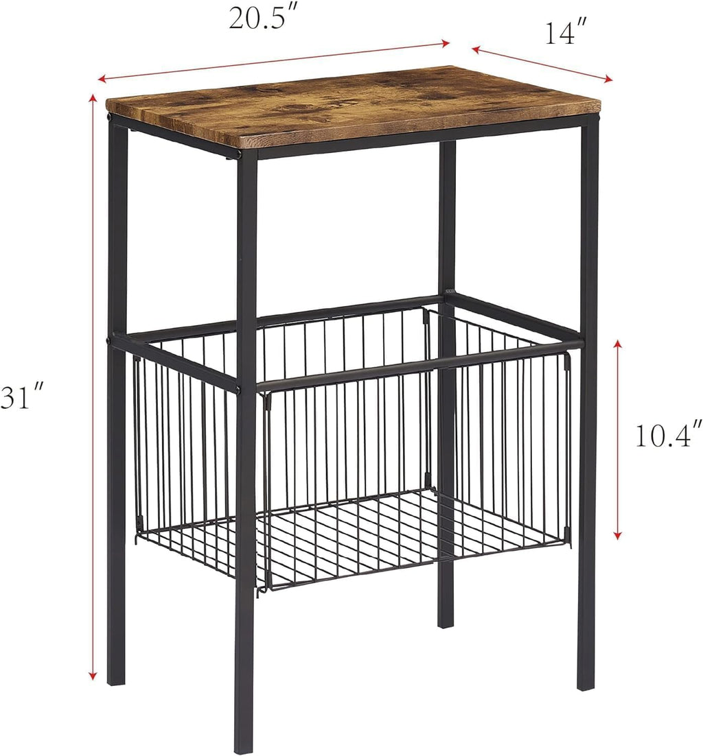 VECELO Tall End Table with Metal Basket,Nightstand with Shelf Storage Organizer, Wood Night Stand with Metal Frame, Waterproof for Bedroom, Living Room, Bathroom