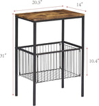 VECELO Tall End Table with Metal Basket,Nightstand with Shelf Storage Organizer, Wood Night Stand with Metal Frame, Waterproof for Bedroom, Living Room, Bathroom