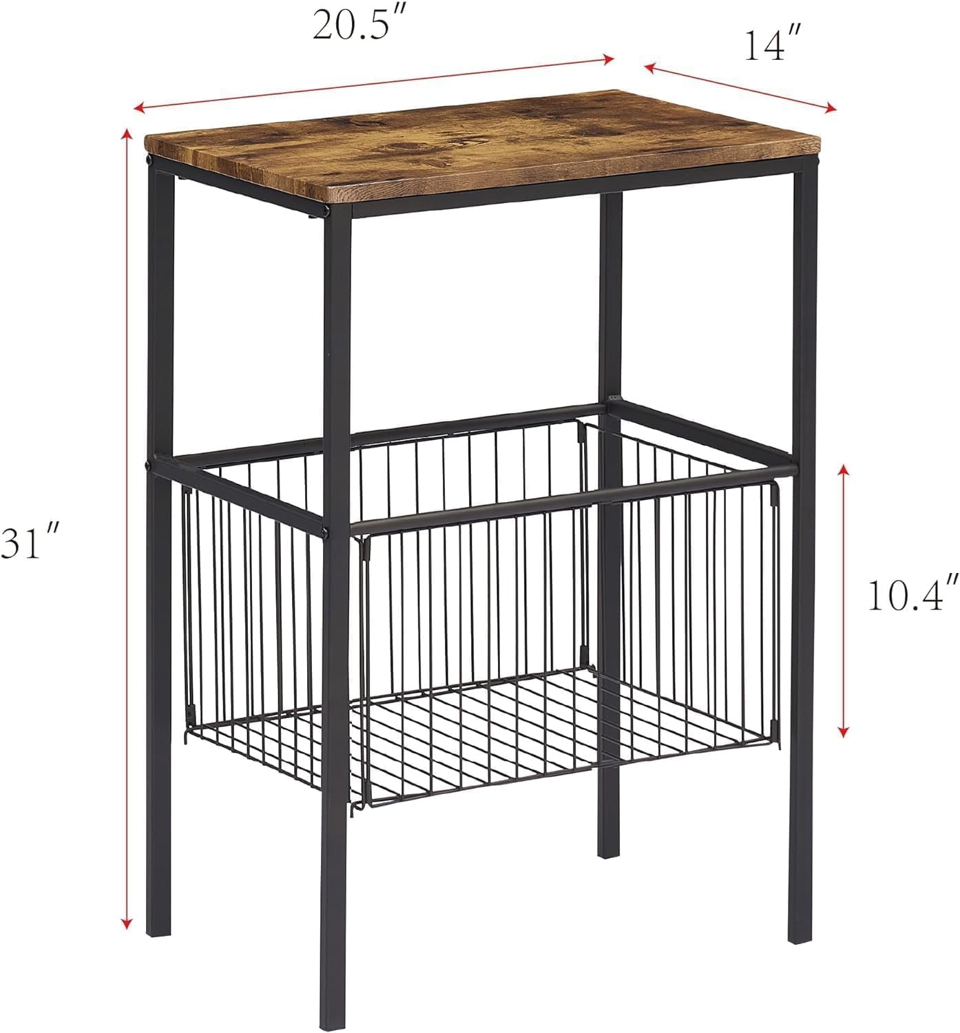 VECELO Tall End Table with Metal Basket,Nightstand with Shelf Storage Organizer, Wood Night Stand with Metal Frame, Waterproof for Bedroom, Living Room, Bathroom