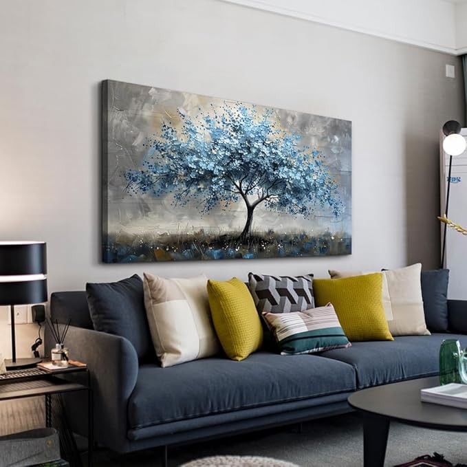 MHARTK66 Canvas Wall Art For Living Room Farmhouse Wall Decor For Bedroom Office Decorations Gray Wall Paintings Blue Tree Landscape Pictures Artwork Ready to Hang for Home Decor art 40"X20"