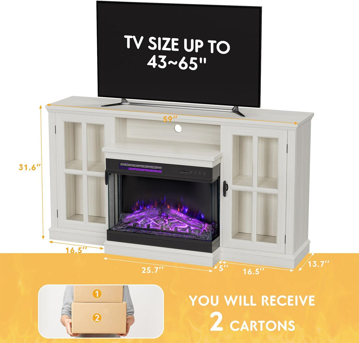 JUMMICO Fireplace TV Stand up to 65", 3-Sided Glass, Distressed White | Entertainment Center with Cabinet Storage, Adjustable Flame and LED Colors, Media Console for Living Room