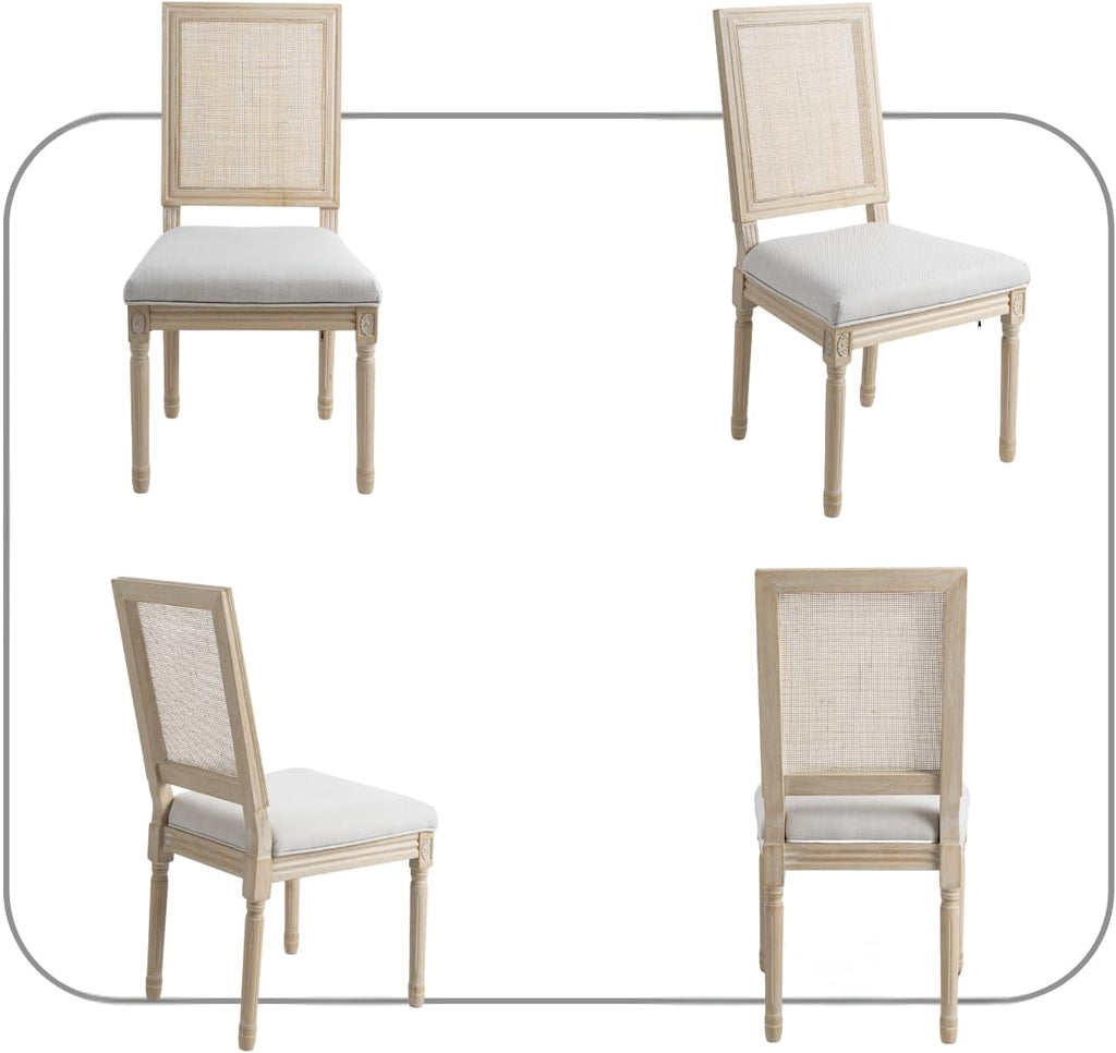 CIMOTA Farmhouse Dining Chairs Set of 8, French Rattan Dining Room Chairs with Rectangle Back/Distressed Wood Upholstered Vintage Side Chairs for Kitchen/Restaurant, Linen Beige/8PCS