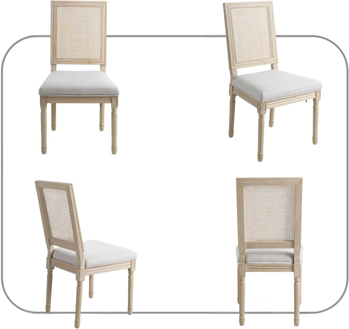 CIMOTA Farmhouse Dining Chairs Set of 8, French Rattan Dining Room Chairs with Rectangle Back/Distressed Wood Upholstered Vintage Side Chairs for Kitchen/Restaurant, Linen Beige/8PCS